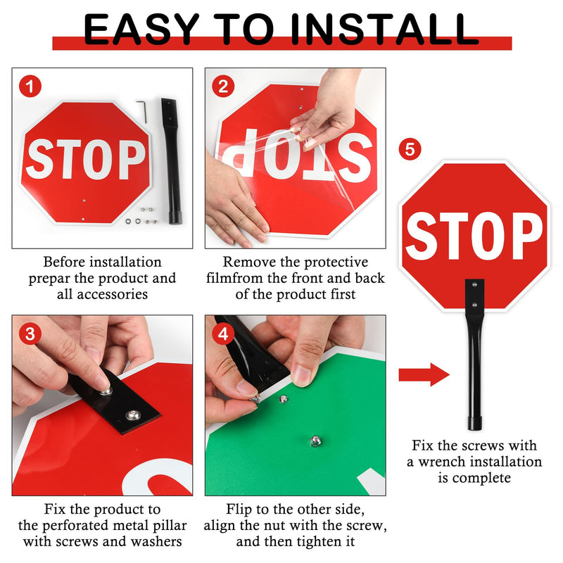 2 Pack Stop Go Sign with Metal Handle,12 x 12 inches Double Sided Stop Go Sign, Light Weight Steel Hand Held Traffic Reflective Aluminum Crossing Guard Stop Sign, Fade Resistant, Waterproof Easy to Mount 2 Pack Double Sided Stop Go Sign with Steel Handle