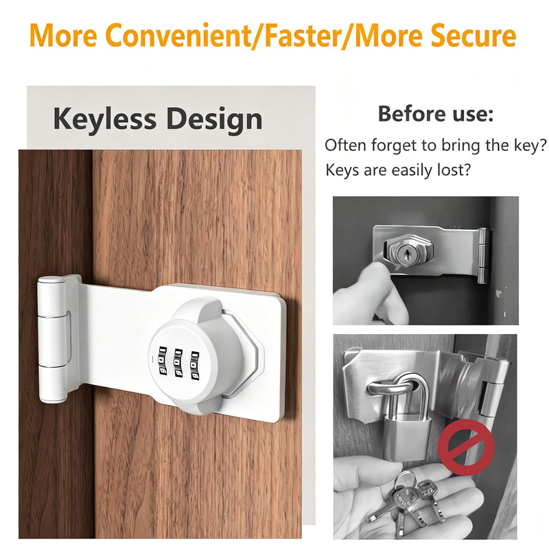 90 Degree Door Password Hasp Latch Lock- White Keyless Sliding Closet Lock Safety Right Angle Hasp Lock Barn Door Lock and Latch for Shed, Cabinet, Gate, Bedroom, Fence, Garden, Backyard Door 2 PCS White 2 Pack