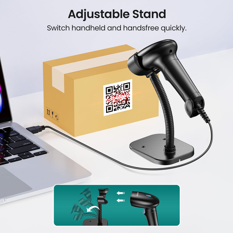 Barcode Scanner with Stand, USB Wired Inventory 2D 1D QR Code Scanner for Computer POS MAC with Automatic Screen Scanning, Handheld CMOS Image Bar Code Reader for Warehouse Library Supermarket Black