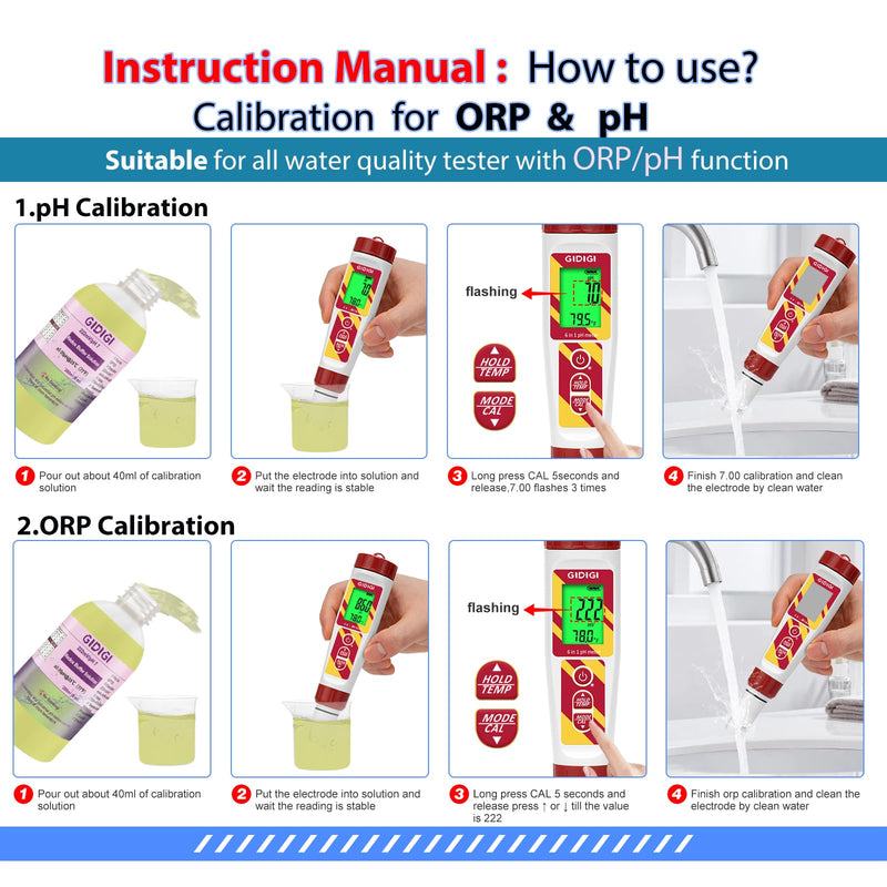 [Australia - AusPower] - Hydrogen Water Tester with ORP Buffer 222mV/pH7.00 Calibration Solution and 30mL ORP Electrode Storage Solution, ORP pH Meter for Drinking Water, Hydroponics, Swimming Pool, Aquariums, Kombucha 
