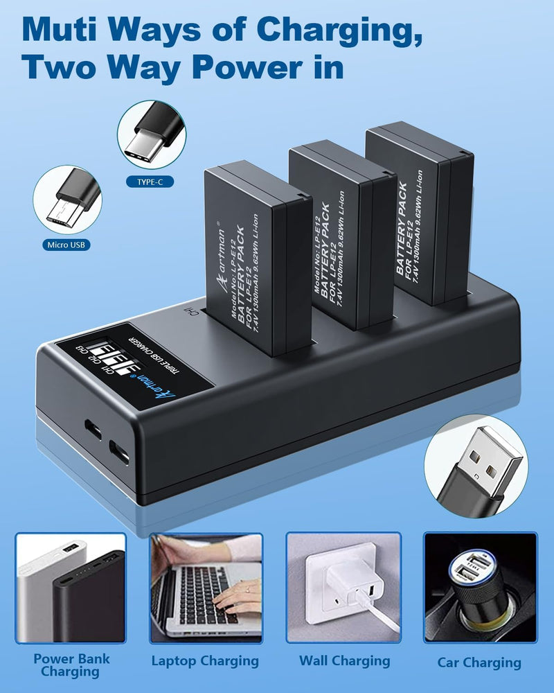 [Australia - AusPower] - FirstPower LP-E12 Battery 3-Pack and Triple Slot Charger for Canon EOS M50, EOS M50 Mark II, EOS M, EOS M2, EOS M10, EOS M100, EOS M200, Rebel SL1, PowerShot SX70 HS Digital Cameras 