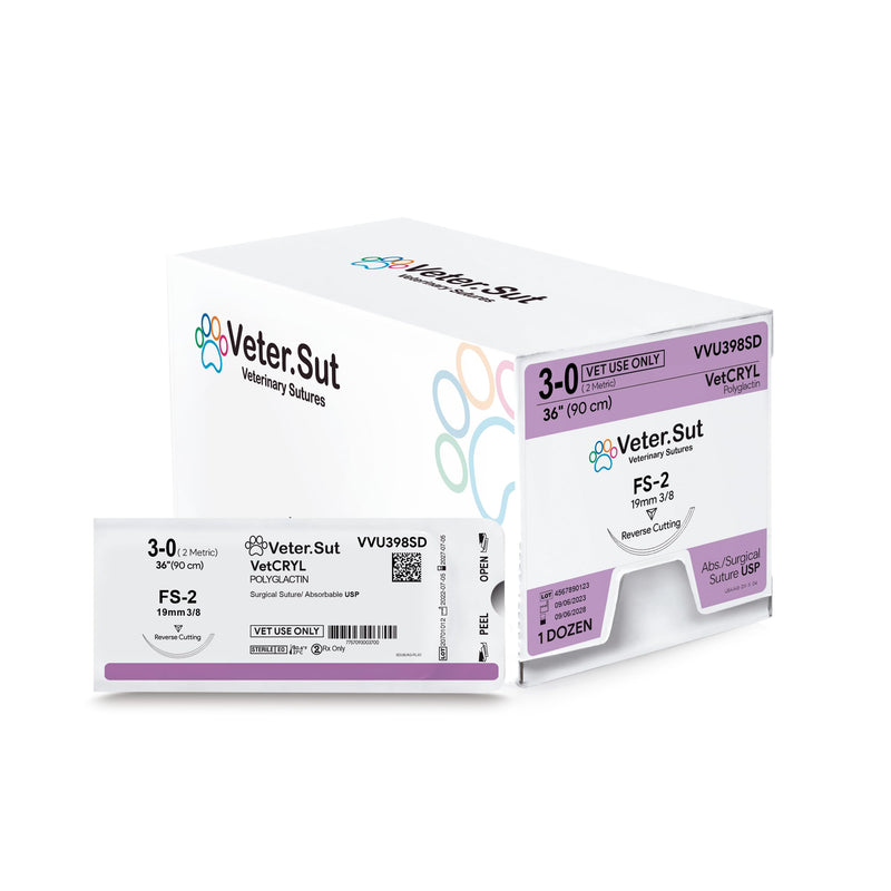 [Australia - AusPower] - VeterSut VetCRYL Absorbable Surgical Suture USP Size 3-0, (FS-2) 3/8 19mm Reverse Cutting Needle, 36 Inches (90 cm), 12 Count, Veterinary Use 