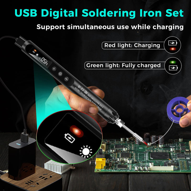USB Soldering Iron Set with LCD, Battery Soldering Iron, Ceramic Heating Core, Adjustable Temperature 200-450°C, 3 Soldering Tips, Mini Soldering Station, Suitable for Small Repair such as Circuit Boards and Jewelery Wireless Black