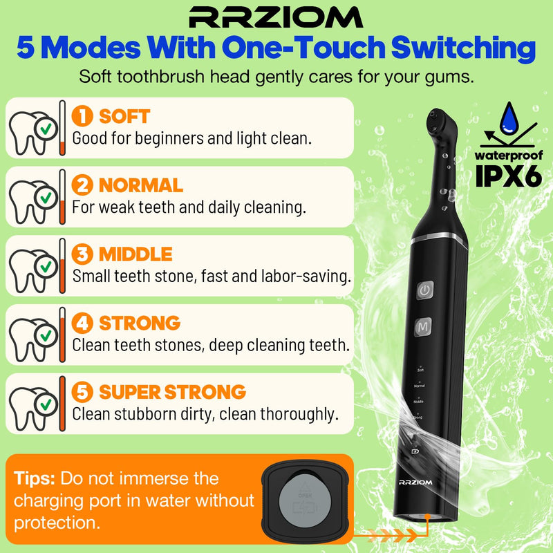 [Australia - AusPower] - Tooth Polisher, RRZIOM Rechargeable Teeth Polisher for Teeth Whitening and Cleaning Kit, Waterproof Tooth Polish Dental Tools with LED Light, 5 Brush Heads, 5 Speed Modes, Tooth Polishing Kit Black-1 