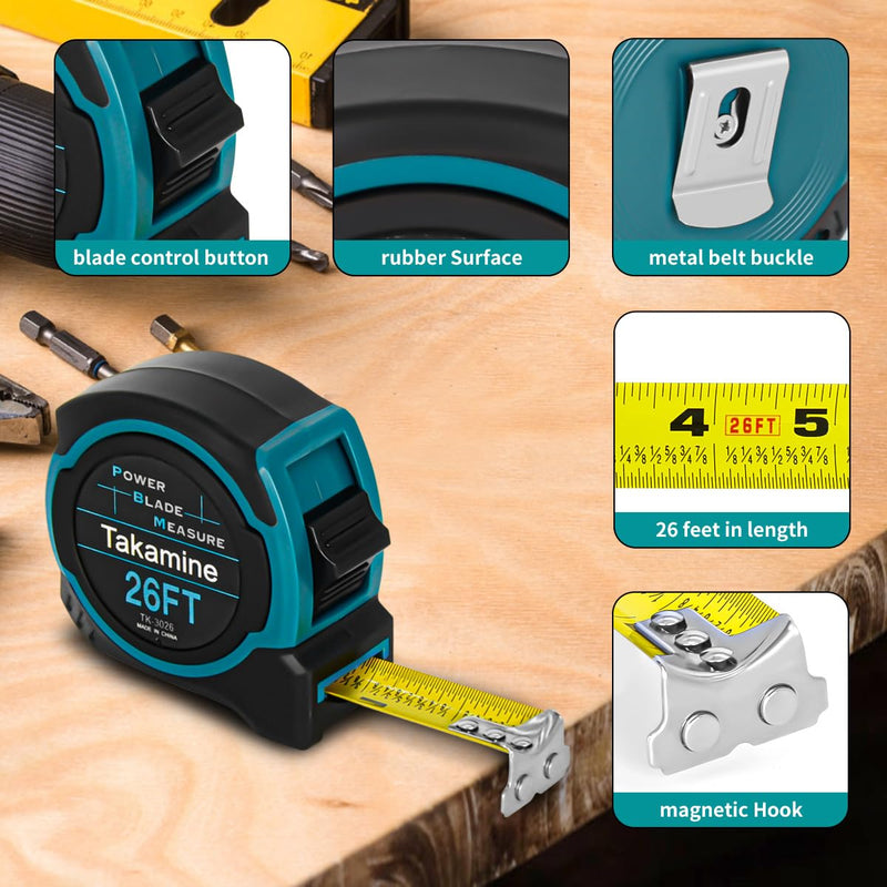 Takamine Tape Measure Professional 26 Feet, 1/8 Fraction Easy Read Retractable Measuring Tape, with Magnetic Hook, Manual Lock, Rubber casing, Suitable for Engineers/Surveyors/Carpenters/Construction
