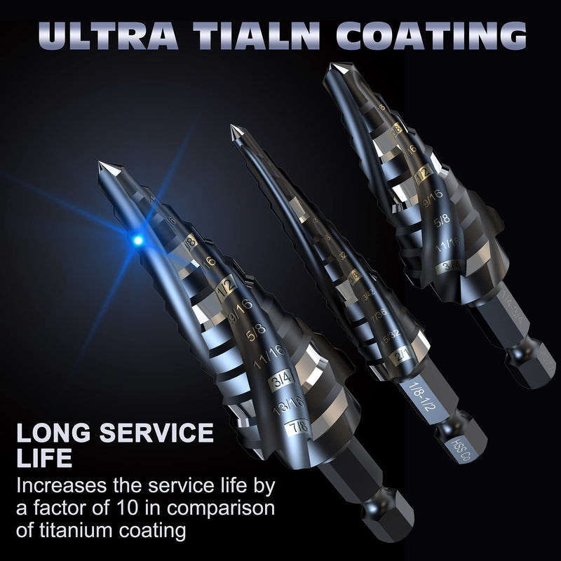 M35 Cobalt HSS Step Drill Bits, Four Spiral Flute Cobalt Step Drill Bit,1/8"-7/8"(3PCS) Hex Shank Unibit for Aluminum, Stainless Steel, Metal, Wood, Plastic. 1/8"-7/8"(3PCS)
