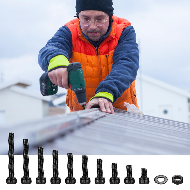[Australia - AusPower] - M4 Hex Socket Head Cap Screws Bolts and Nuts and Washers Assortment Kit, 520 Pcs Metric Allen Hex Socket Drive Screws Bolts, 12.9 Grade Alloy Steel, Black Oxide Finish, Fully Threaded M4-520 B 