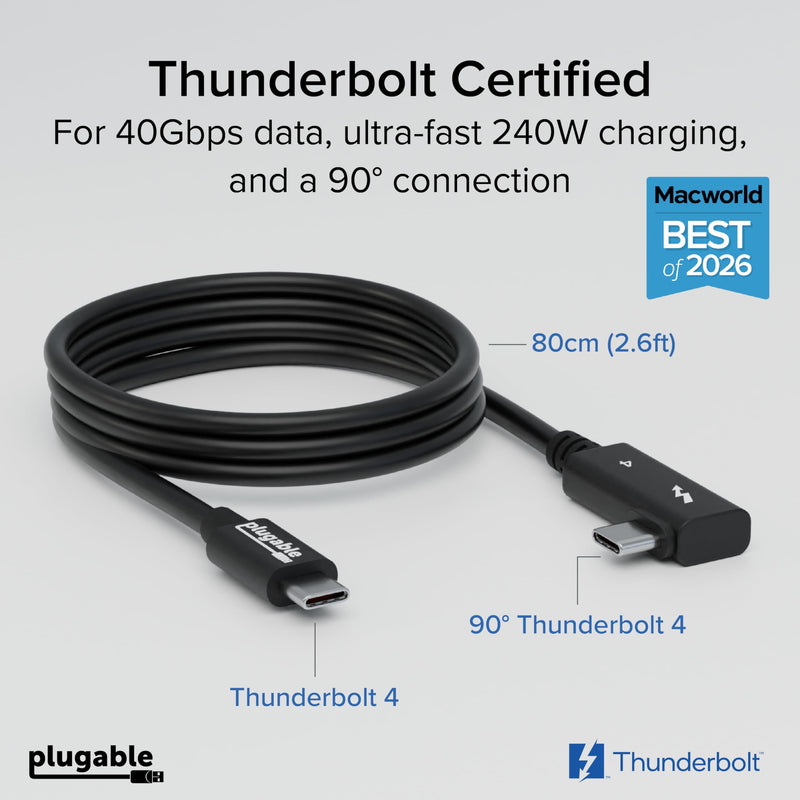 Plugable Thunderbolt 4 Cable Right Angle 40Gbps with 240W EPR Charging, 8K Display, Intel Certified 2.6 Feet (80CM) Compatible with USB4, Thunderbolt 3, USB C, iPad, MacBook, Windows (TBT4-240W-80CMR)