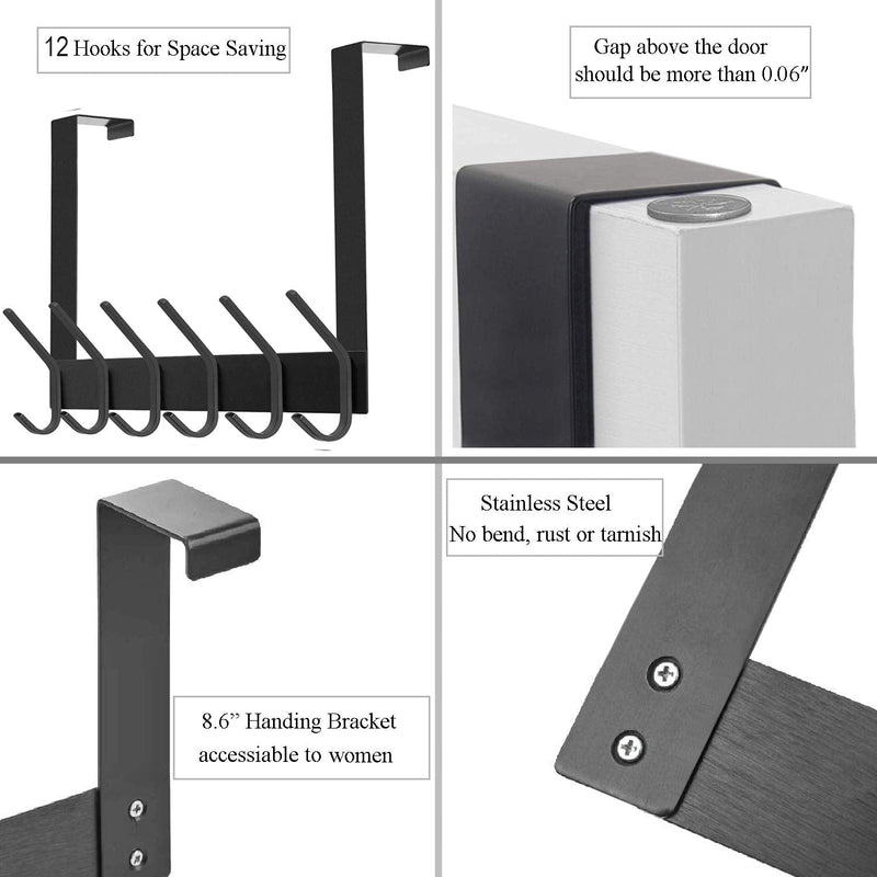 [Australia - AusPower] - DOKU Over The Door Hook, Stainless Steel Heavy Duty Over Door Hanger Holder for Coat Robe Hat Clothe Towels Hanging, Bathroom Organizer Towel Rack 12 Hooks, Matte Black 
