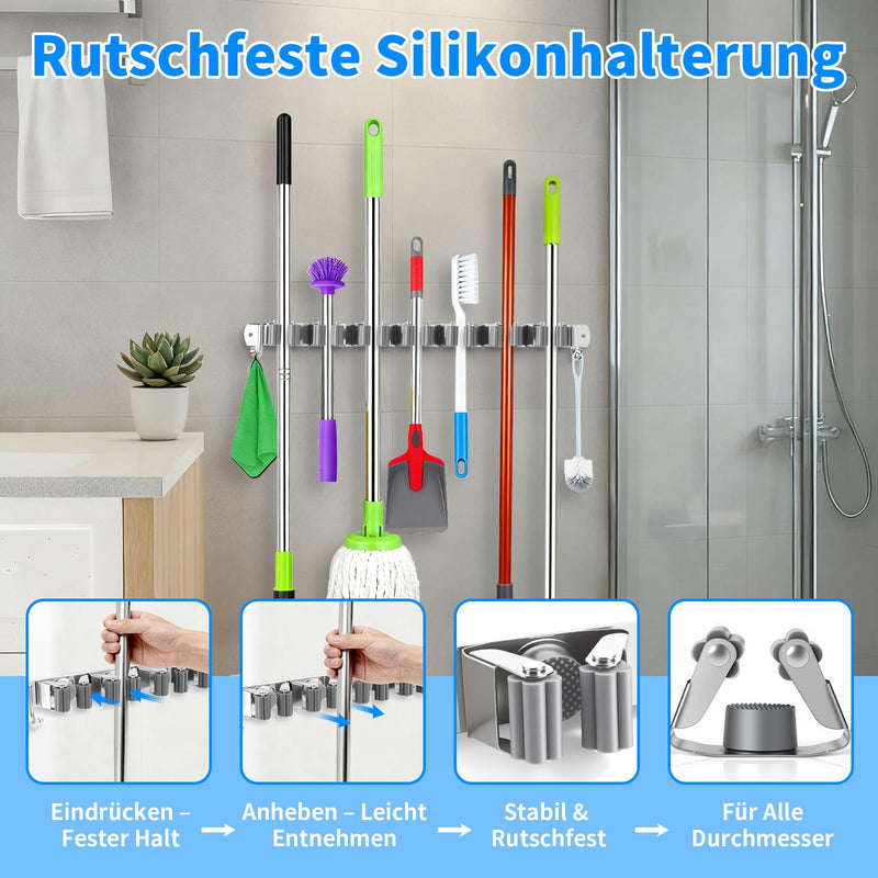 Broom Holder Wall, 7 Holders + 2 Hooks Garden Tools Holder, Wall Mount Broom 304 Stainless Steel Garden Tool Holder for Broom Holder, Device Holder Wall, Self-Adhesive Hanging Garden Tools