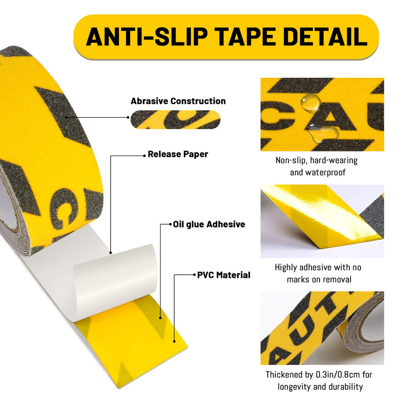 Huakaile Watch Your Step Caution Tape 1.97in x 16.4Ft, Non Skid Tape Yellow Black Waterproof, Anti-Slip High Traction Safety Grip Tape for Stairs Steps Ladder, Indoor Outdoor Treads (A) A