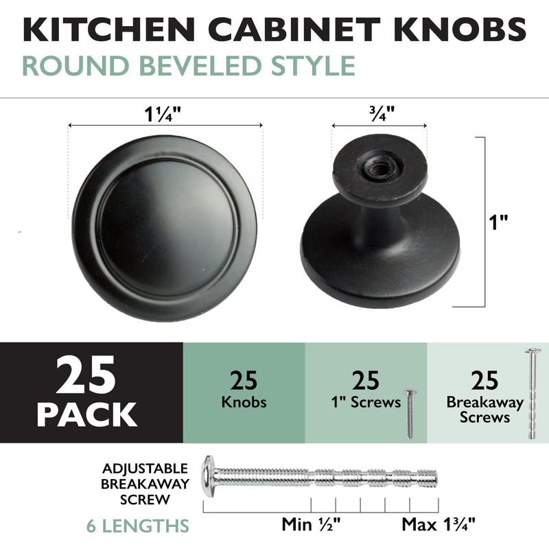 Ilyapa 25 Pack 1 1/4 Inch Round Kitchen Cabinet Knobs, Flat Black Round Drawer Knob for Cabinets Dressers Drawers - Black Kitchen Cabinet Hardware 1 1/4" Wide - 25 Pk Beveled