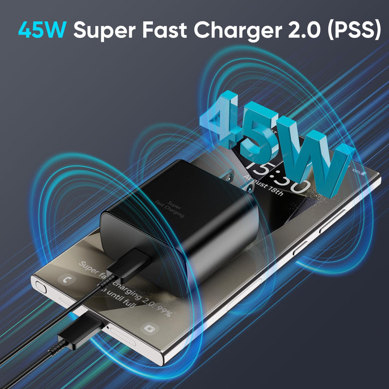[Australia - AusPower] - Samsung Galaxy S24 Ultra Charger 45W USB-C Super Fast Charger Android Phone Charger Block with 6.6 FT Cable for Samsung Galaxy S24 Ultra/S24/S24+/S23 Ultra/S23/S23+/S22/S21/S20/Note 10/20, Galaxy Tab black 6.6FT 