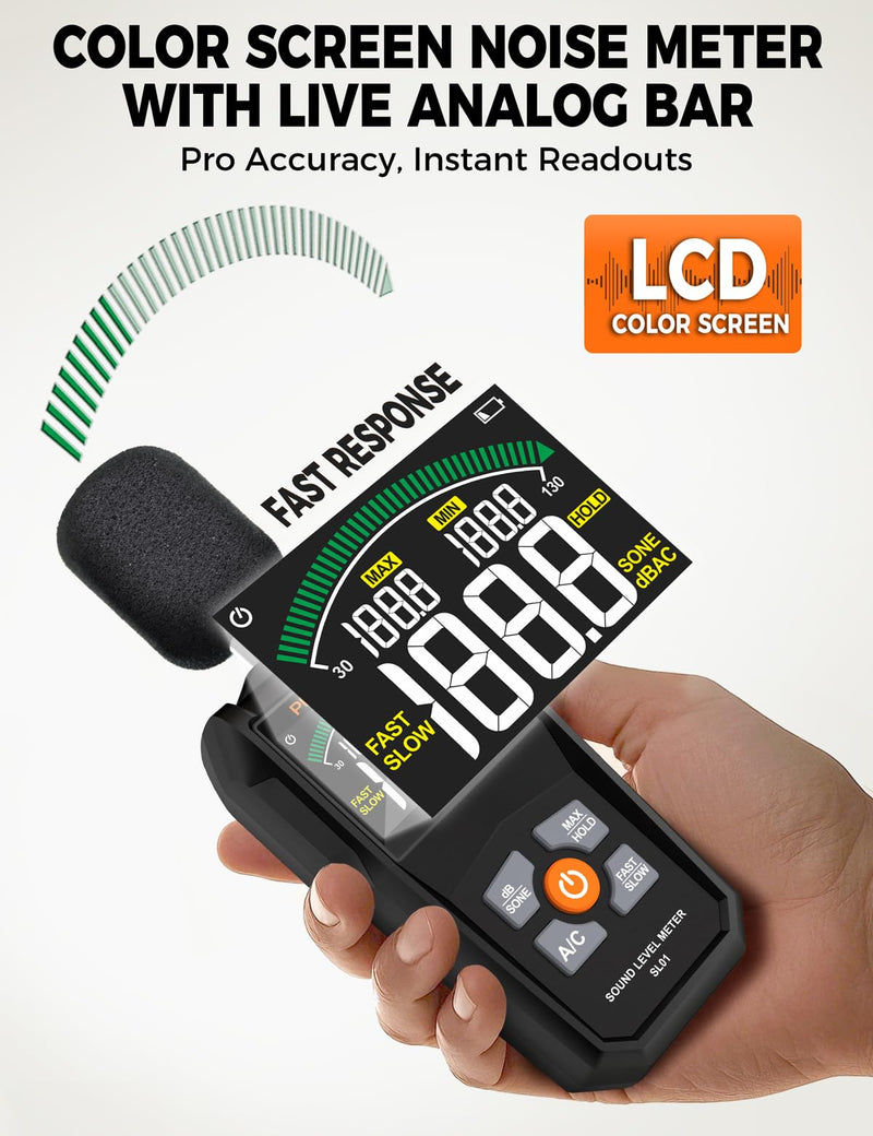 [Australia - AusPower] - POROMETISTO SL01 Decibel Meter, 30-130 dB Sound Level Meter, with A/C Weighting, Data Storage, Maximum/Minimum), Precise dB Meter for Professional, Industrial and Home Use 