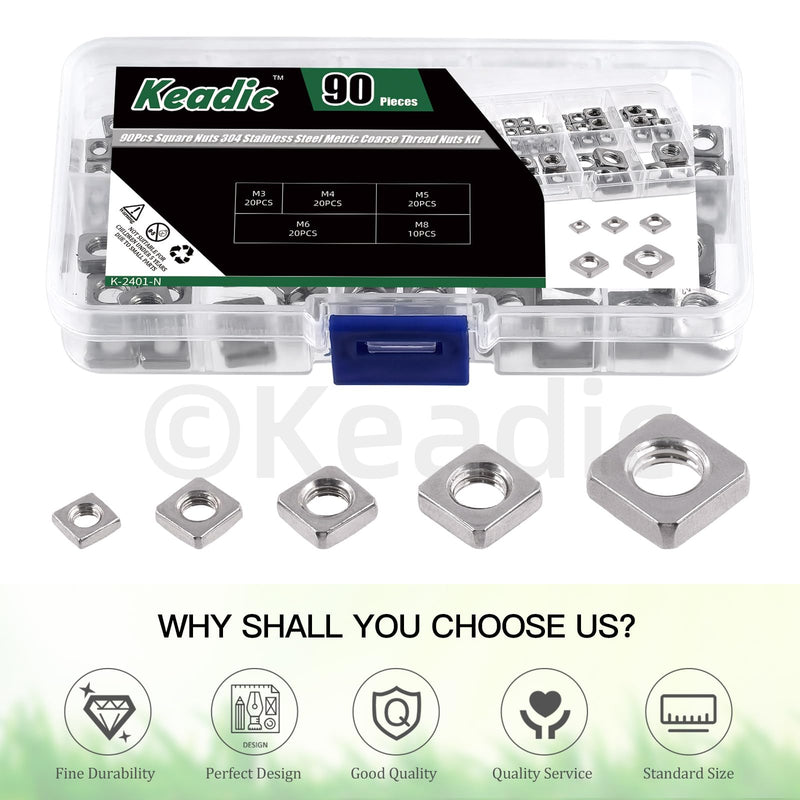 [Australia - AusPower] - Keadic 90Pcs 304 Stainless Steel Square Nuts Assortment Kit, M3x5.5mmx2mm, M4x7mmx2mm, M5x8mmx3mm, M6x10mmx3mm, M8x13mmx4mm Coarse Thread Nut for Furniture, Electrical Appliances 304 Stainless Steel (Silver) 