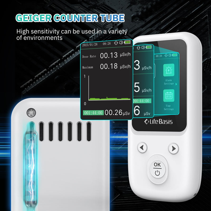 LifeBasis Geiger Counter Nuclear Radiation Detector, Radiation Dosimeter with TFT Display and Smart Alert Rechargeable Beta Gamma X-ray Radiation Monitor (with Lanyard and Bracket) - White