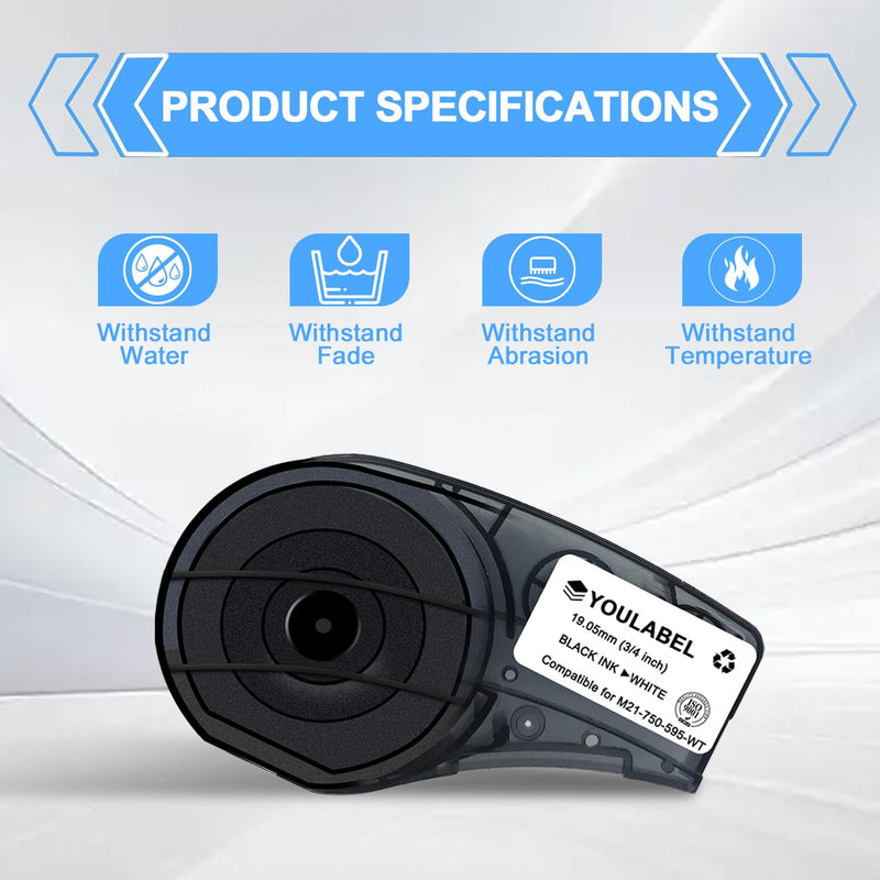 M21-750-595-WT Compatible for (M21-750-595-WT) All-Weather Vinyl Label for Indoor/Outdoor ID, Black on White- for M210, M210-LAB, M211, BMP21-PLUS and BMP21-LAB Printers, 0.75" W 21" L (3 Pack) ﻿