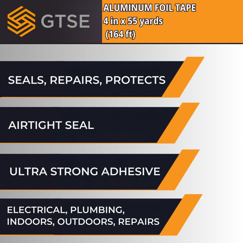 GTSE Aluminum Foil Tape, 4 inches x 55 Yards (164 ft) Wide Roll, Multi-Purpose Wide Silver Metal Tape, Ideal for HVAC, Sealing, Insulation, Patching Air Ducts, Metal Repair 4" x 55 yds 1
