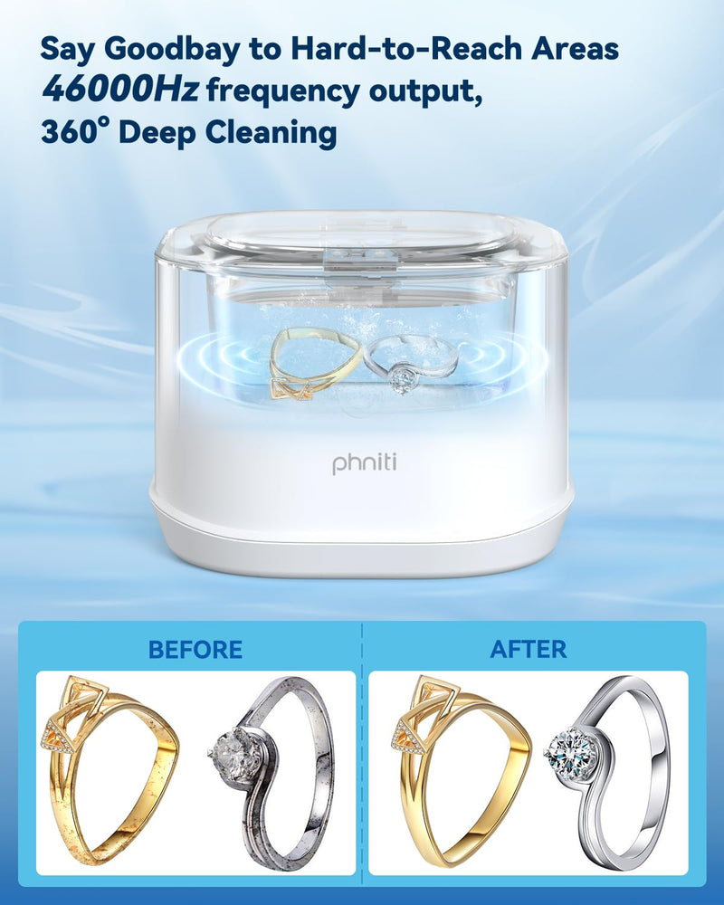 [Australia - AusPower] - Ultrasonic Jewelry Cleaner, Phniti 46kHz Professional Portable Ultrasonic Retainer Cleaner Machine with Timer for Dental Retainer, Mouth Guard, Watch, Ring, Diamond - Household Use, White 1 PACK 