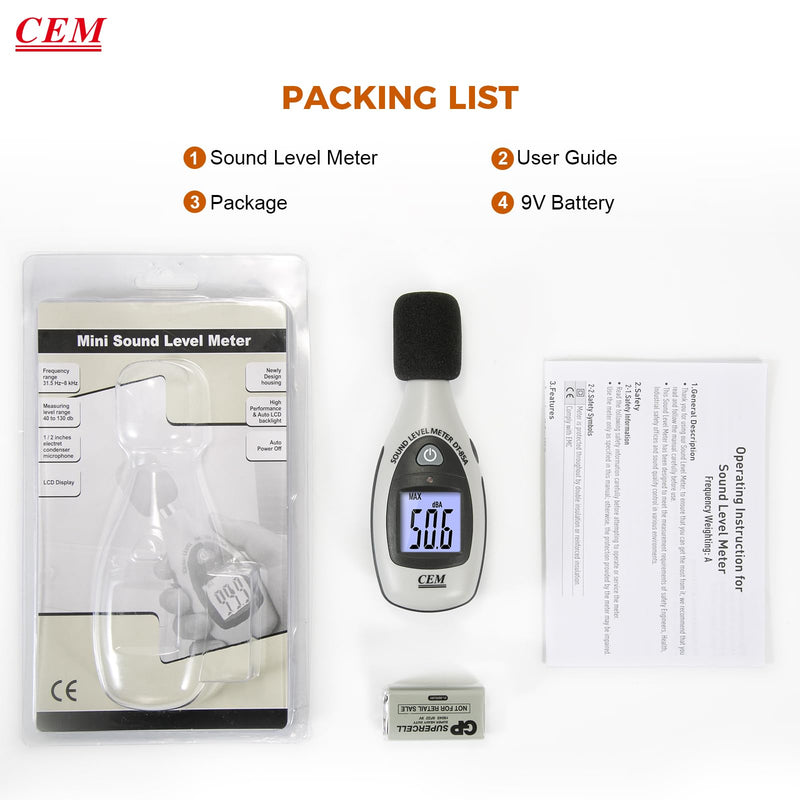 [Australia - AusPower] - Decibel Meter, CEM Digital Sound Level Meter 30 – 130 dB,31.5-8KHz,Audio Noise Measure Device Backlight MAX/MIN, Data Hold Auto Power Off Dual Ranges A Weighted for Home Factories DT-85A db Meter 