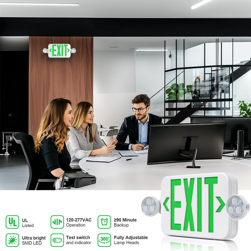 Led Exit Sign Emergency Light Combo Adjustable Two Head,Double Sided and Battery Backup Exit Light,Green Letter Hardwired Emergency Exit Sign,AC 120/277V,UL Listed,Ceiling&Wall Mount (1 Pack) 1 Pack