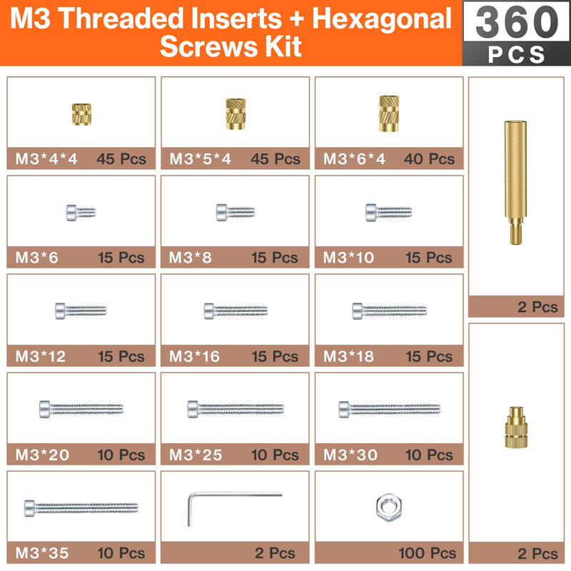 Preciva M3 Threaded Inserts Set, 360Pcs Heat Set Bolts Nuts with M3 Insert Tip and 60W Digital Soldering Iron, for 3D Printer Parts or Plastic Parts