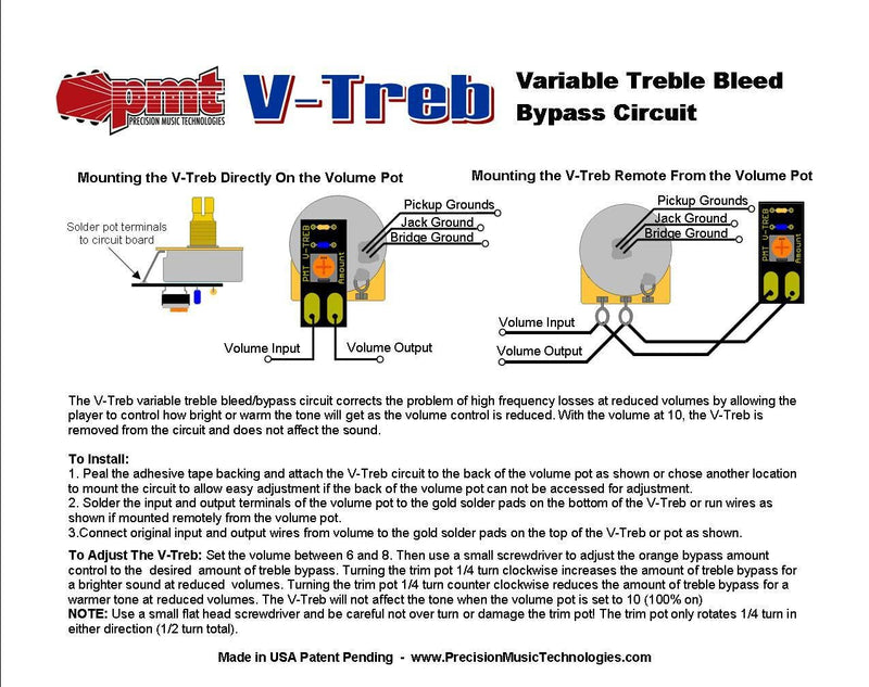 V-Treb Variable Treble Bleed Bypass Circuit, Compact, Multicolor, Guitar Treble Bleed Circuit