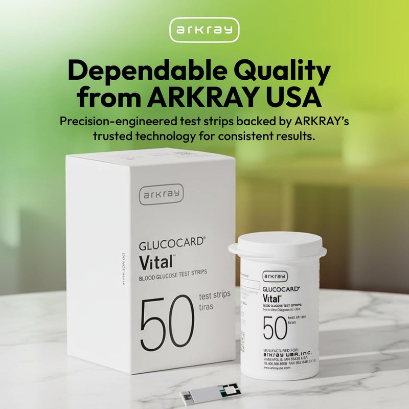 ARKRAY GLUCOCARD Vital Blood Glucose Test Strips – No Coding Required, Fast 7-Second Results, 0.5 Microliter Sample Size – Compatible with GLUCOCARD Vital Glucose Meter, 100 Count (2 Packs of 50)