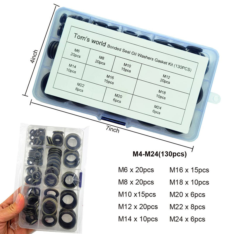 [Australia - AusPower] - Tom's world 130Pcs Self-Centered Bonded Seal Oil Washers Gasket Assortment Kit for Plumbing, Automotive, Mechanical, Electrical, Cylinder Repairs (M6-M24) M6-M24 