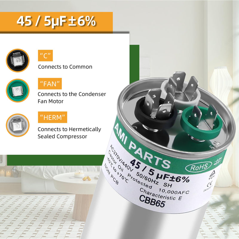 [Australia - AusPower] - CBB65B 45+5 MFD 45/5 uF 370/440V A/C Capacitor Round Dual Run Capacitor Replace for 97F9895 Z97F995,for Heat Pump?Condenser Fan?Air Conditioner Capacitor?HVAC Capacitor-5 Years Warranty 45+5MFD 