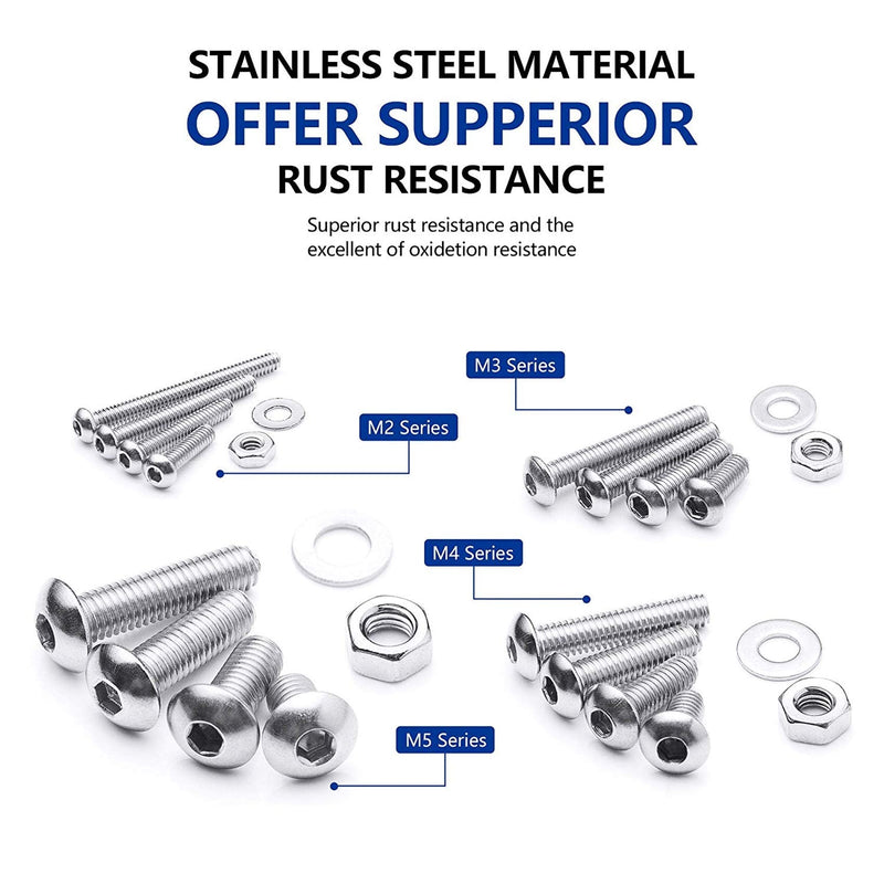 [Australia - AusPower] - NINDEJIN Metric Button Head Socket Cap Screw Bolts & Flat Washers & Nuts Assortment Kit M2 M3 M4 M5 Stainless Steel Machine Screws Set and Wrench, 880 PCS 880 Hex Round Head Socket Screws Nuts 