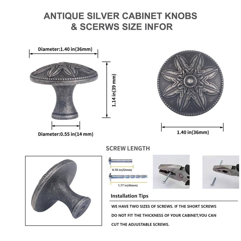 10 Pack Antique Silver Cabinet Knobs,1.4" Round Solid Antique Kitchen Cabinet Hardware Handles for Cabinets and Drawers, Silver Drawer Pulls Dresser Knobs 10