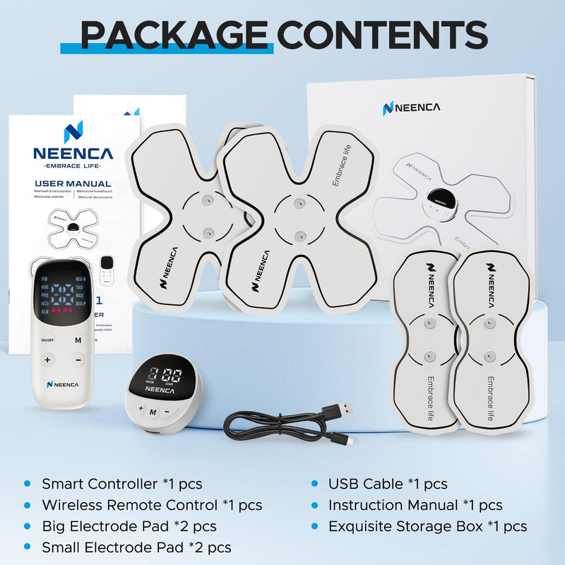 [Australia - AusPower] - NEENCA Wireless TENS Unit Muscle Stimulator, Smart Rechargeable TENS EMS Muscle Massager for Knee/Shoulder/Back Pain Relief. 4 TENS Pads with Remote Control for Physical Therapy,9 Modes 19 Intensities Pearl White 