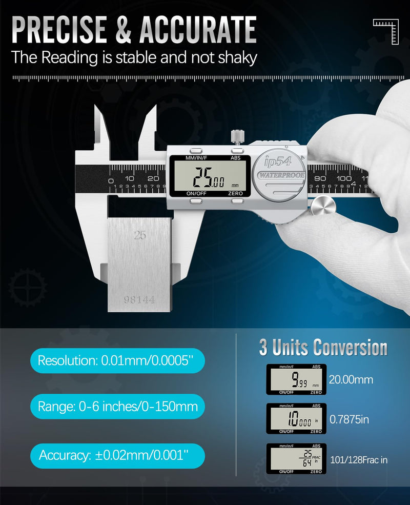 [Australia - AusPower] - Digital Caliper, (ABS) Absolute Scale Caliper 8in, IP54 Electronic Measuring Tool, Inch/MM/Fraction, Auto-Off LCD Stainless Steel Waterproof Micrometer Vernier Caliper, with Feeler Gauges ABS-8inch/200mm 