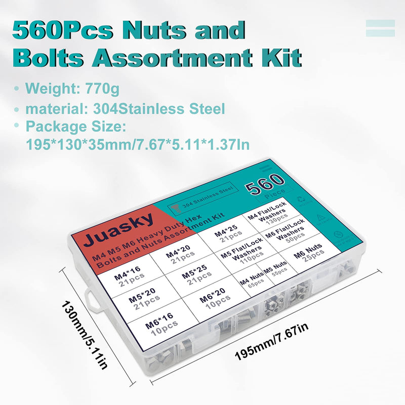 [Australia - AusPower] - 560Pcs Metric Bolts Nuts Washers Screws, Hex Head, 304 Stainless Steel, Flat Washers and Lock Washers 