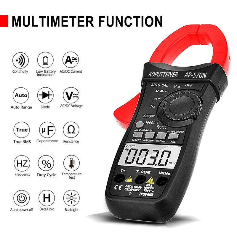 [Australia - AusPower] - Clamp Meter AP-570N TRMS 6000 Counts Clamp Meter AC DC Clamp Meter with Automatic Range, Resistance, Cap, Hz, Duty Cycle, Temperature, Inrush Current Test 