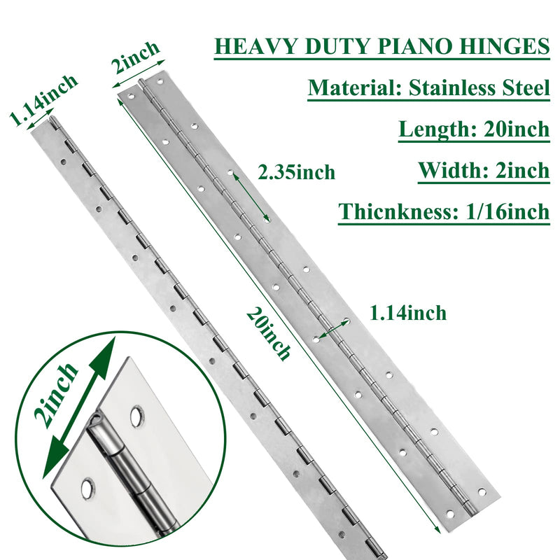 [Australia - AusPower] - 2Pack Heavy Duty Piano Hinge, 2" Open Width x 20" Continuous & Piano Hinges, 0.06” Thick Stainless Steel Piano Hinge with Holes, Polished Stainless Furniture Hinges for Cabinet Door Cases Woodworking 20INCH 