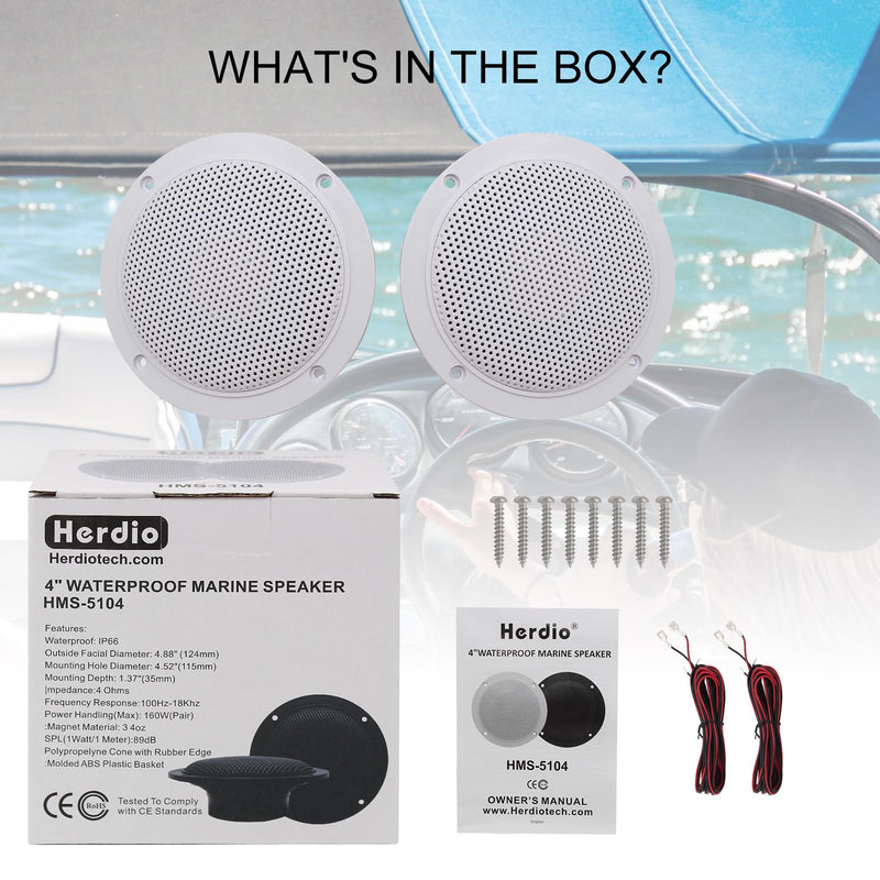Herdio 4 Inches Waterproof Marine Ceiling Speakers with 160 Watts Power, Handling for Kitchen Bathroom Boat Car RV Camper Motorcycle Cloth Surround and Low Profile Design - 1 Pair (White) White