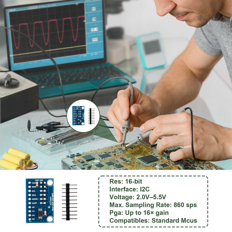 ADS1115 Module I2C, ADC Module 16 Bit 4 Channels, High Precision Analogue Digital Converter, Differential or Single Inputs, for Raspberry Pi, Microcontroller Projects, Measurement and Data Acquisition