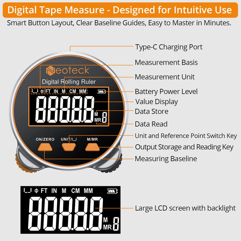 Neoteck Digital Tape Measure 656Ft, Rechargeable Electronic Rolling Ruler with LCD Display,Measures Curve,Diameter&Flat Surface,Portable Rolling Wheel Tape Measurefor DIY,Woodworking,Home Renovation