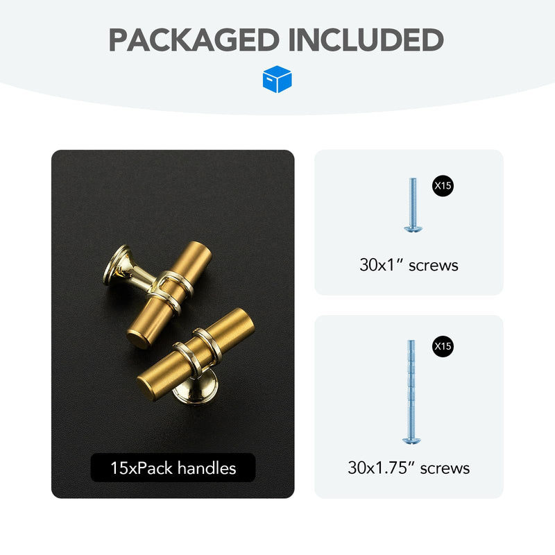 HOME EDIT Brushed Brass Cabinet Knobs Handles, Single Hole Modern T-Bar Drawer Pulls, Decorative Hardware for Cabinets, Dressers, and Drawers, 15 Pack