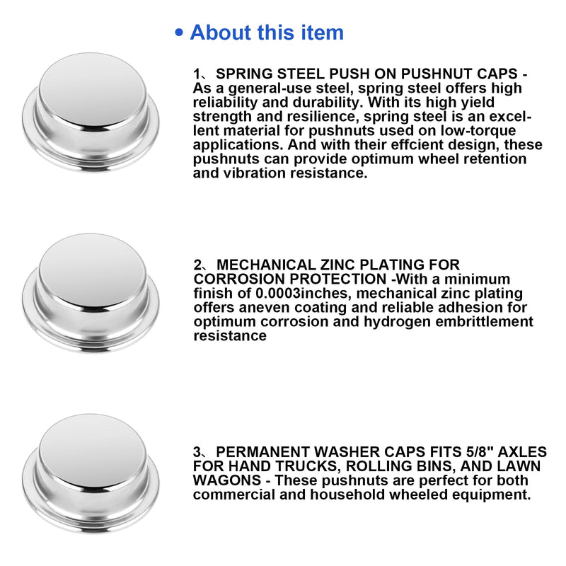 [Australia - AusPower] - 12pcs 5/8 Inch Dolly Wheel Lock Washer,Push Nuts,Stainless Steel Axle Cap for Rolling Bins, Lawn Wagons and Hand Trucks,Reliable Alternative to Cotter Pins 