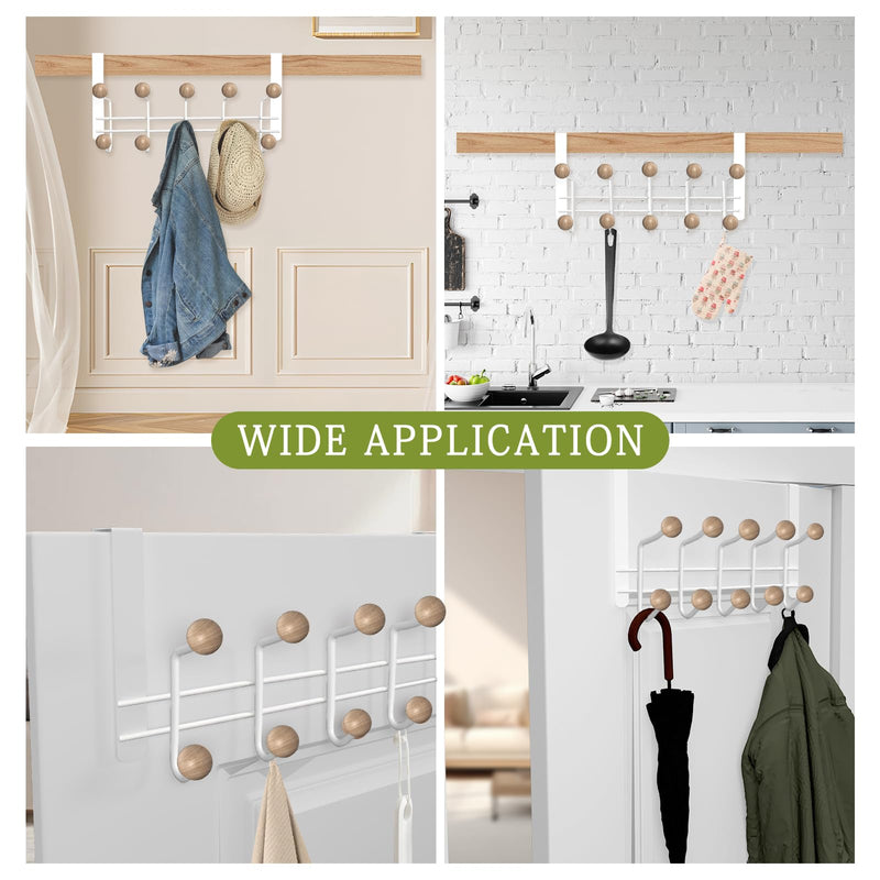 [Australia - AusPower] - 2 Pack Over The Door Hooks,Sturdy Metal Over Door Organizer Rack with 10 Wooden Hooks for Living Room, Bathroom, Bedroom, Kitchen Hanging Clothes, Towels, Hats, Coats, Bags-White White(2 pack hangers with 10 hooks) 