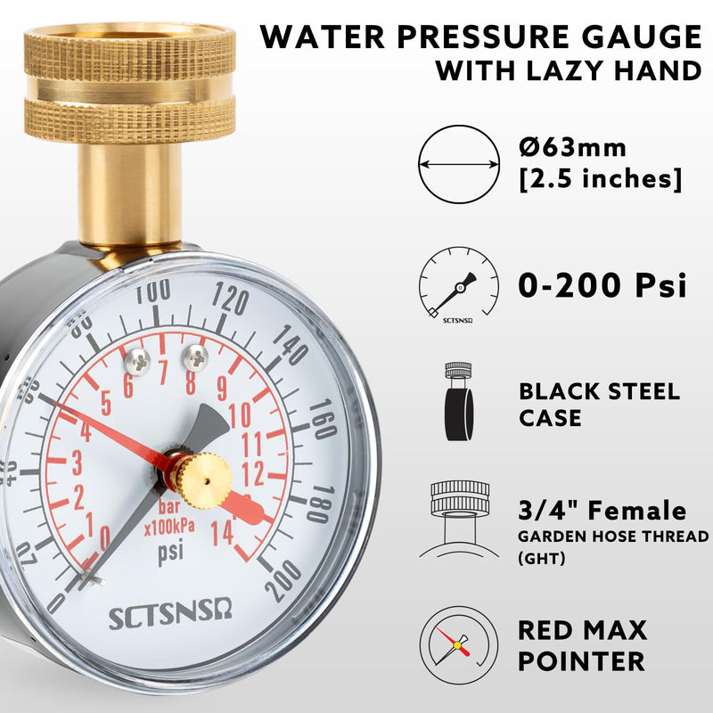 [Australia - AusPower] - 0 to 200 Psi Water Pressure Test Gauge with Red Max Pointer, 2.5 inch Dial Size, 3/4 inch Female Garden Hose Thread, Black Steel Case, Inspector for Home Hose Bib, House Water Tube, Spigot 