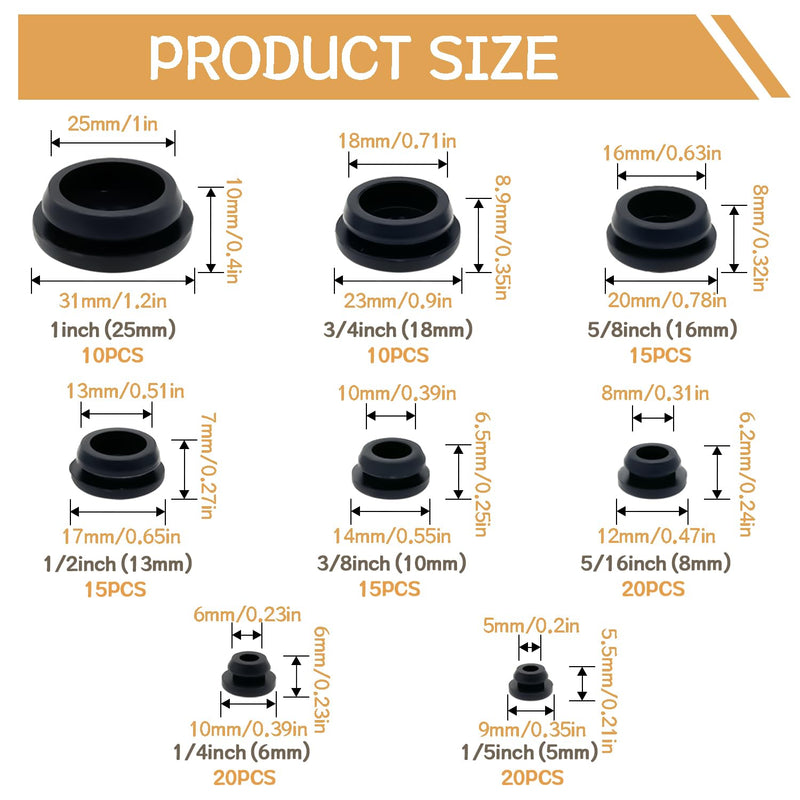 [Australia - AusPower] - 125PCS 8 Sizes Black Rubber Plugs for Round Holes Silicone Plugs, 1" 3/4" 5/8" 1/2" 3/8" 5/16" 1/4" 1/5" Round Hole Plug Snap Locking, Used for Furniture DD028-b 