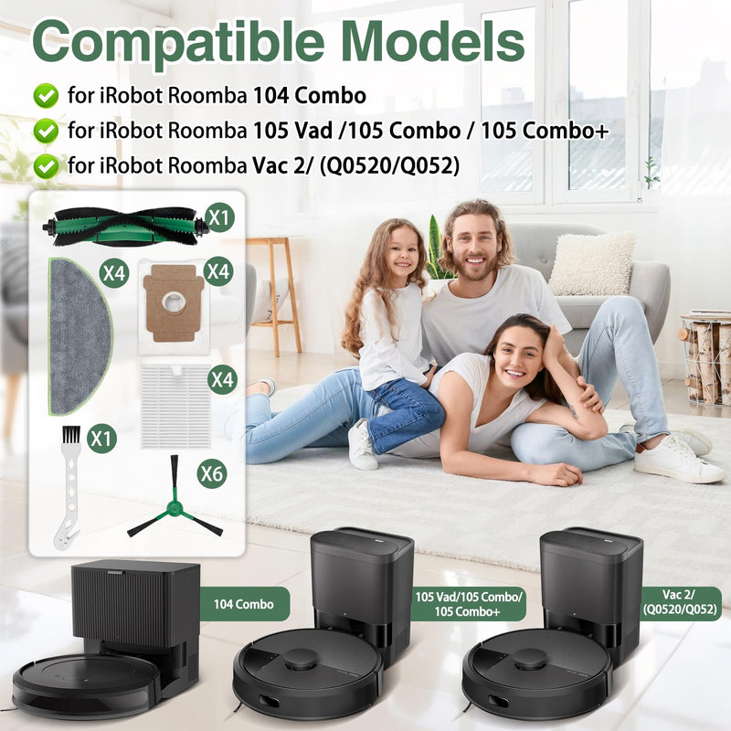 20 Pcs Replacement Parts for iRobot Roomba 104/105 Vac/ 105 Combo/ Q052 Robot Vacuum, Q0520 105 Accessories Include 1 Main Brushes, 4 Filters, 4 Dust Bags, 6 Side Brushes, 4 Mop Pads