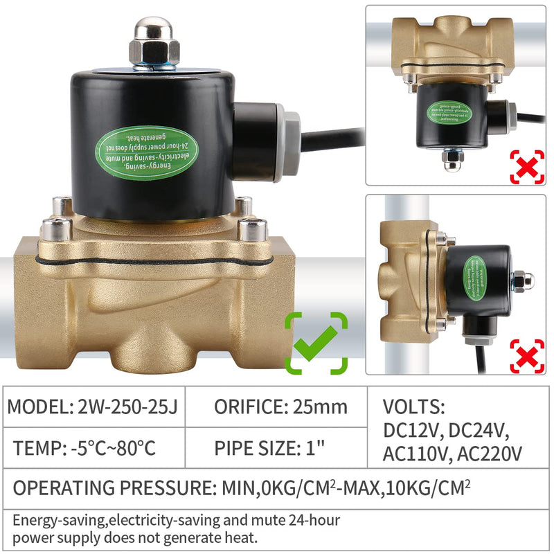 [Australia - AusPower] - Baomain 1 inch DC 24V Brass Electric Solenoid Valve Water Air NC Energy-saving Normal Closed Valve 2W-250-25J 