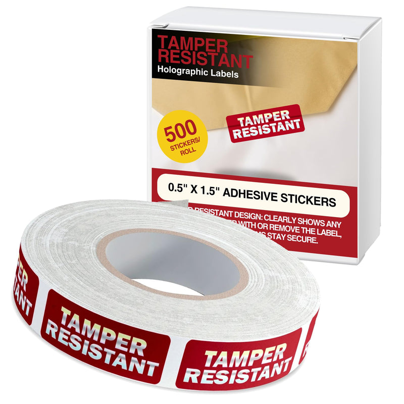 Tamper-Resistant Holographic Labels, 0.5" X 1.5" Adhesive Stickers in Holographic Paper 1 Color (Red) Printed, Security Seal Tamper Evident 500 Stickers Per Roll 1/2" X 1 1/2"