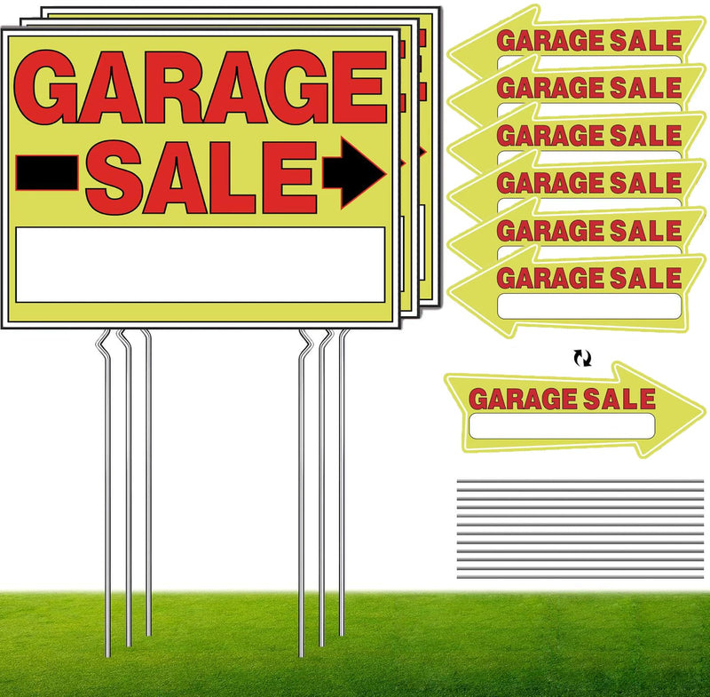 Double-Sided Garage Sale Signs & Directional Arrow Signs -9Pack Sets with Metal Stakes - Waterproof Reusable Yard Signs for Outdoor Sales Events