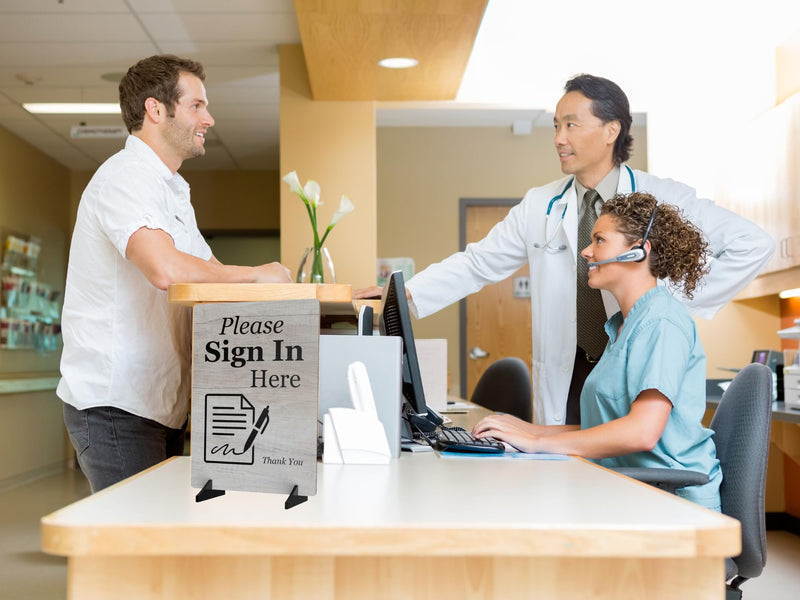 Please Sign In Here Sign/Notice - Freestanding with 2 Black Plastic Feet or Adhesive (Black Feet) Wood Stand
